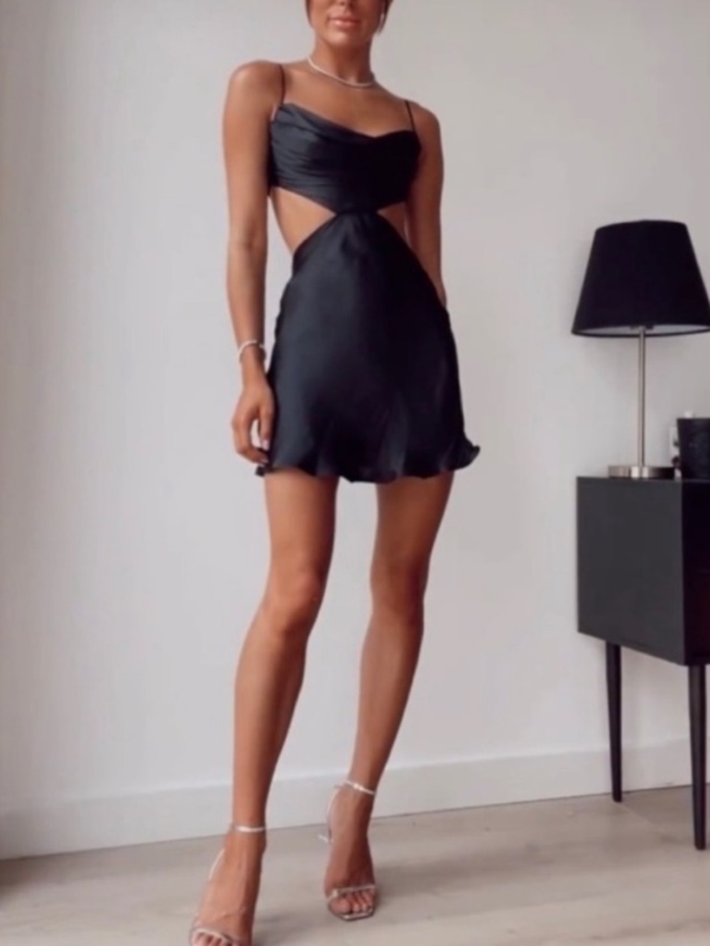 Zara Black Cutout Satin Mini Dress with Spaghetti Straps. Size L